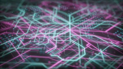 Blue-pink diagram of technological lines similar to neurons, circuits, boards, metro, city - 3d rendering.