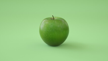 Green apple on a green background, beautiful background, food, 3D rendering.