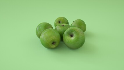 Beautiful green apples, still life with fruits, healthy food, food for the morning - 3D rendering.