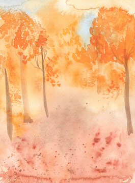 Watercolor autumn landscape with forest alley with autumn trees