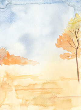 Watercolor autumn landscape with autumn meadow and tree