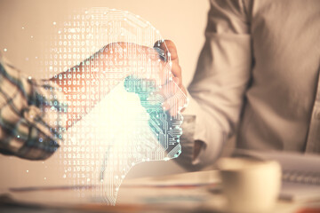 Fototapeta premium Double exposure of brain hologram and handshake of two men. Partnership in IT industry concept.