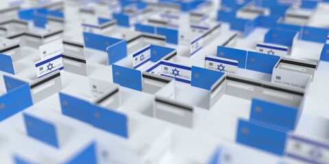 Fictional credit card maze with flag of Israel. Financial problems related 3D rendering