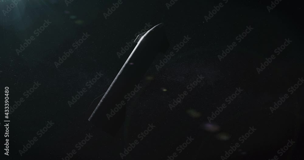 Wall mural wide spaceship rocket flying slowly rotating against starry background, space colonization concept