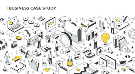 Fototapeta Business Case Study Isometric Concept. People analyze real-life scenarios of doing business by a successful company obraz
