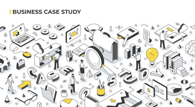 Business Case Study Isometric Concept. People analyze real-life scenarios of doing business by a successful company