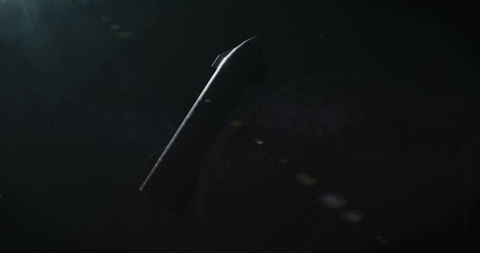 WIDE Spaceship rocket flying slowly rotating against starry background, space colonization concept