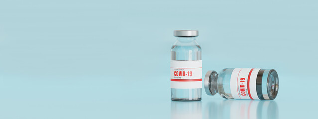 3D render illustration,coronavirus or covid-19 vaccine bottle on isolated blue background,concept business medical treatment,healthcare,vaccination medicine production fight to virus,web banner header