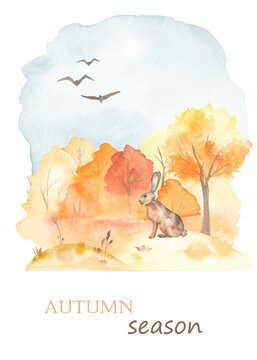 Watercolor card with autumn landscape, autumn forest, hare, tree, glade