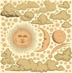 Sun, Moon, Stars, Clouds in the sky. Design set.  Editable hand drawn illustration. Vector vintage engraving. Isolated on light background. 8 EPS - 433391422