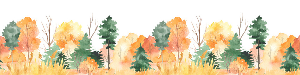 Watercolor seamless border with autumn forest, fir trees, pines, autumn trees and bushes - obrazy, fototapety, plakaty
