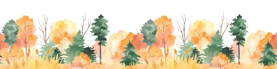 Fotobehang Watercolor seamless border with autumn forest, fir trees, pines, autumn trees and bushes © MarinaErmakova