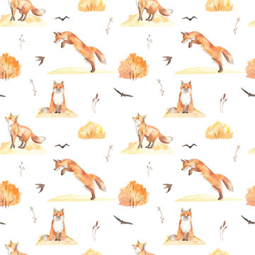 Watercolor seamless pattern with autumn landscape, fox, birds, autumn bushes and dry grass on a white background