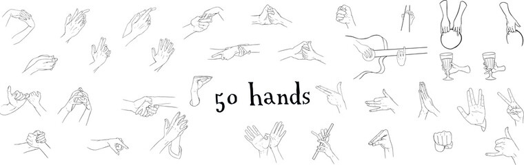Fototapeta premium 50 different hands on a white background. Gestures, waving hands, shaking hands, fingers, signs, shadow play.