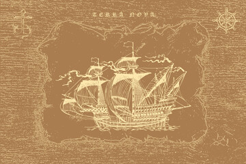 vector image of a vintage caravel in old engraving style