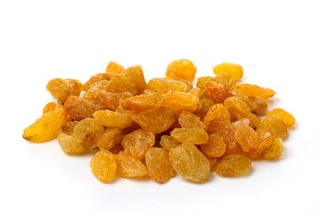 Yellow sweet raisins, dried grapes, isolated on white background.