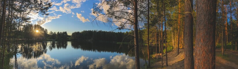 photography panorama view background beautiful forest lake at sunset surrounded by tall pine trees in hot weather, nature of russia, mari-el