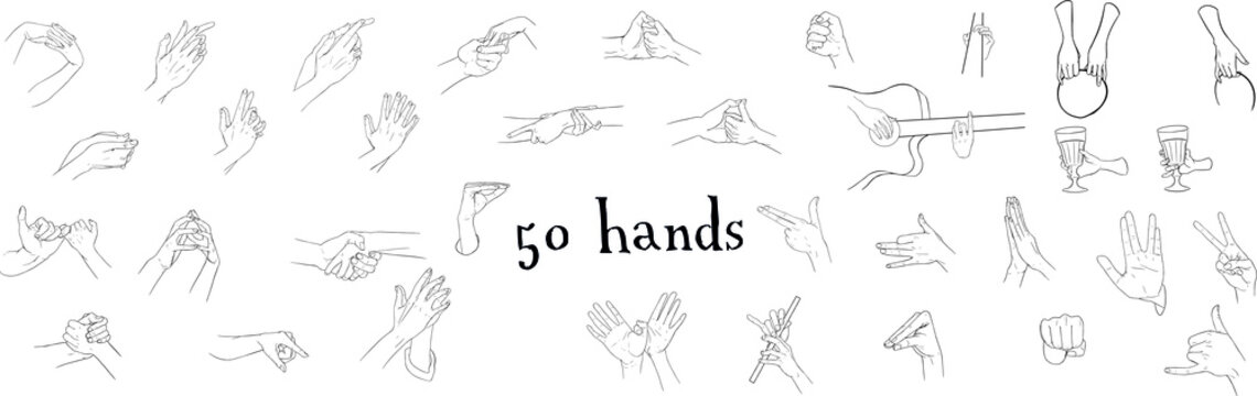 50 different hands on a white background. Gestures, waving hands, shaking hands, fingers, signs, shadow play.
