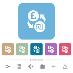 Pound Shekel money exchange flat icons on color rounded square backgrounds