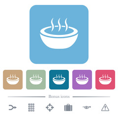 Steaming bowl flat icons on color rounded square backgrounds