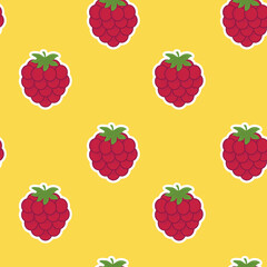 Seamless vector pattern with raspberries on a yellow background  Suitable for the design of textile fabric, wrapping paper, and wallpaper for websites. Vector illustration.