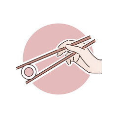 Holding chopsticks with sushi roll on circle background. Poster, logo, background or icon. Line vector art. 