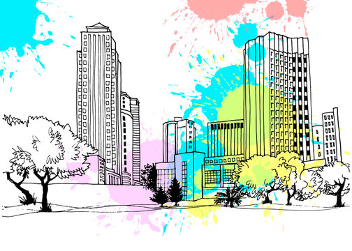 Modern urban landscape. Hand drawn line sketch. Tel Aviv, Ramat Gan, Israel. Vector illustration on colourful blobs background