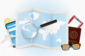Travel destination Nicaragua, tourism mockup with travel equipment and world map with magnifying glass on a Nicaragua.