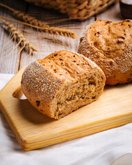 Closeup on fresh baked whole grain loaves of bread