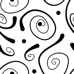 Decorative doodle seamless pattern with with lines, curls and dots on a white background