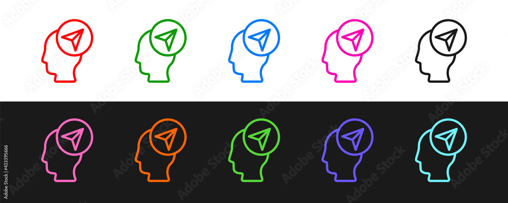 Poster set line map marker with a silhouette of a person icon isolated on black and white background. gps l