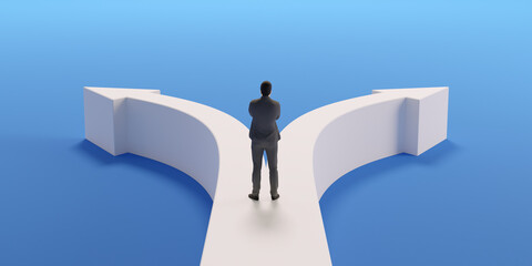 分岐する矢印とビジネスマンの3Dグラフィックス / ビジネスの選択肢・異なる方向性・分岐する未来のコンセプトイメージ