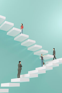 階段を上るビジネスマンの3Dレンダリンググラフィックス / ステップアップ・上昇志向・継続的努力のコンセプトイメージ

