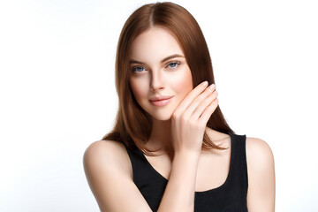 Fototapeta premium Beautiful woman brunette hair healthy beauty skin perfect fashion make up manicure hands touching face