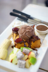 Soft focus Fruity ice cream toast