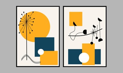 Set two of abstract Geometric mid century modern wall art. Navy, yellow and black color wall decor. Minimalist design wall Decorations. Vector Ilustration.