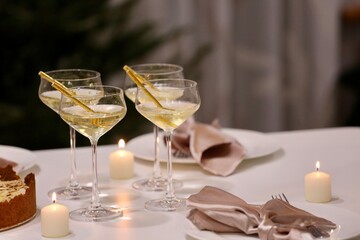 christmas table setting with champagne
