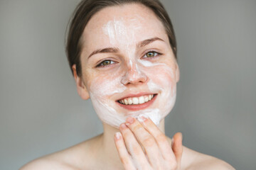 Woman soap face clean skin beauty spa skin care female portrait close up
