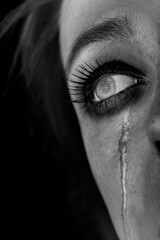 Face of crying woman with tears. Close up, black and white