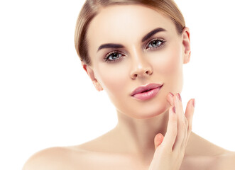 Fototapeta premium Beautiful woman with long healthy blonde hair beauty skin perfect eye lashes
