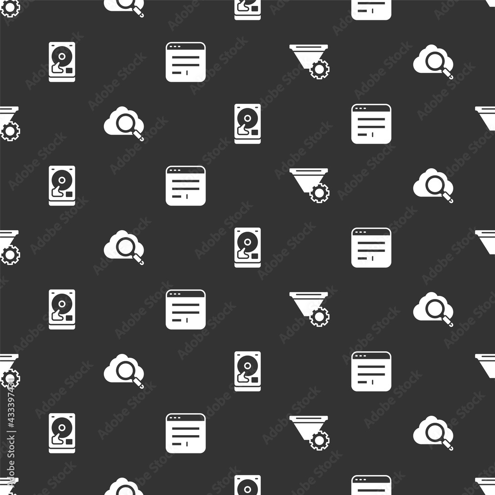 Poster set filter setting, search cloud computing, hard disk drive hdd and browser window on seamless patte