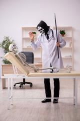 Reaper grim doctor examining skeleton patient