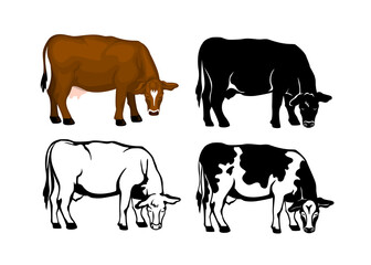 Grazing Cow in brown color, contour and patched silhouette set