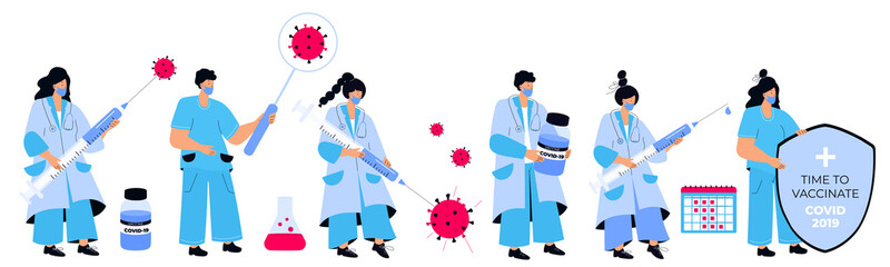 Set of doctors and nurses with vaccine for coronavirus COVID-19. Vaccination campaign. Time to vaccinate.