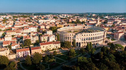 Fototapeta na wymiar Aerial view of Pula, Croatia with the amphitheater