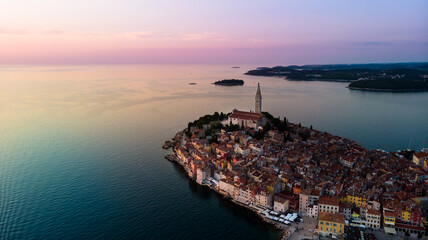 Aerial view of Istrian Town Rovinj, Croatia just after the sunset. Church of St. Euphemia in the backhround.