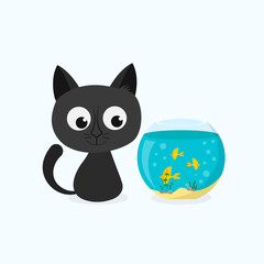 Cat and fish. Curious black cat sitting near aquarium and watching for aquarium fishes. Vector illustration 