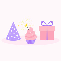 Birthday cupcake with bengal light and gift, party hat. Vector illustration 