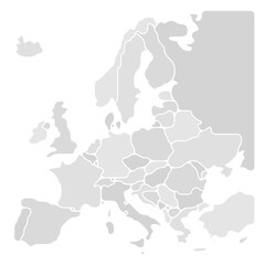 Obraz premium Simplified map of Europe. Rounded shapes of states with smoothed border. Grey simple flat blank vector map.
