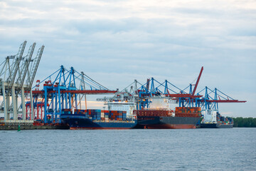Fototapeta premium 2 Container ships at Port Hamburg with cranes